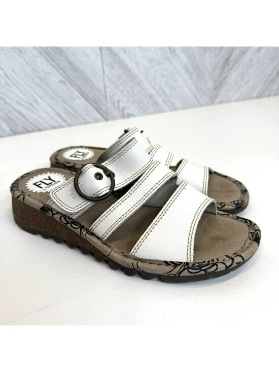 Fly London Shoes - Fly London Theafly White Sandals Shoes Womens EU 39 US 8 Slip On Buckle Leather